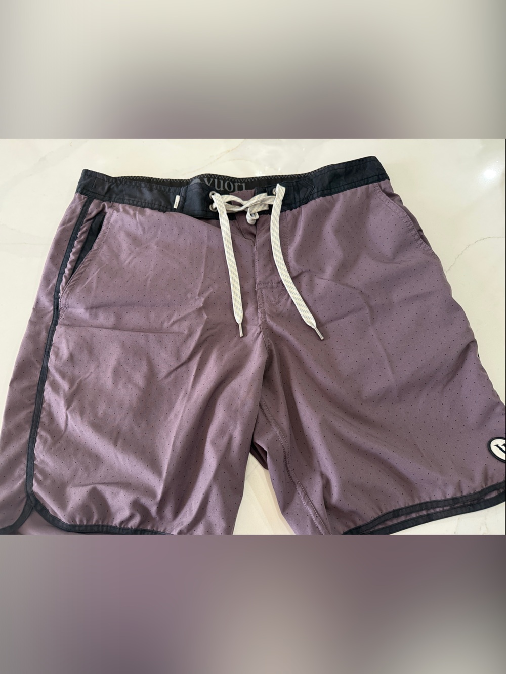 Vuori Men's Lightweight Perforated Swim Shorts - Mauve w/ Black Trim 7”Inseam